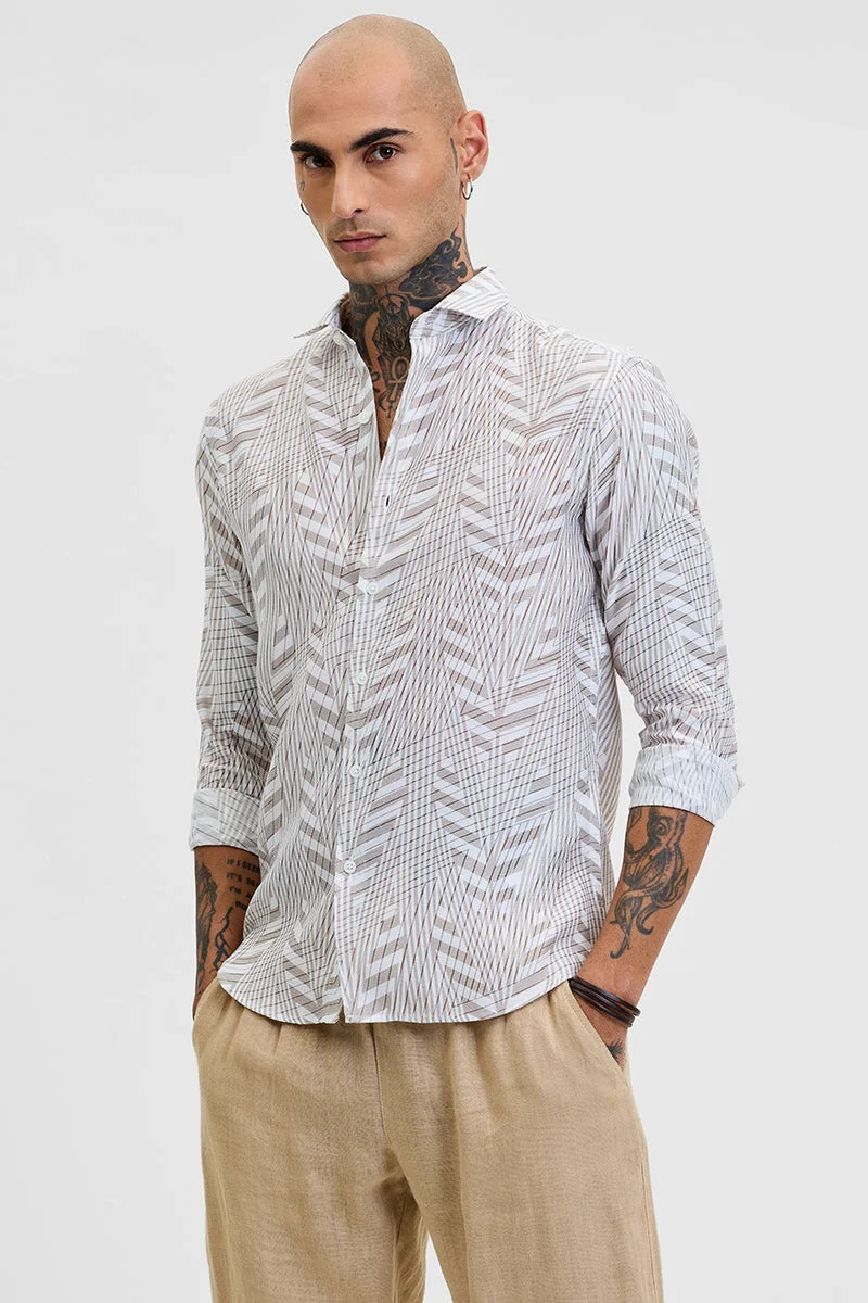 سنيتش Brown Abstract Long Sleeve Slim Fit Casual Shirt
