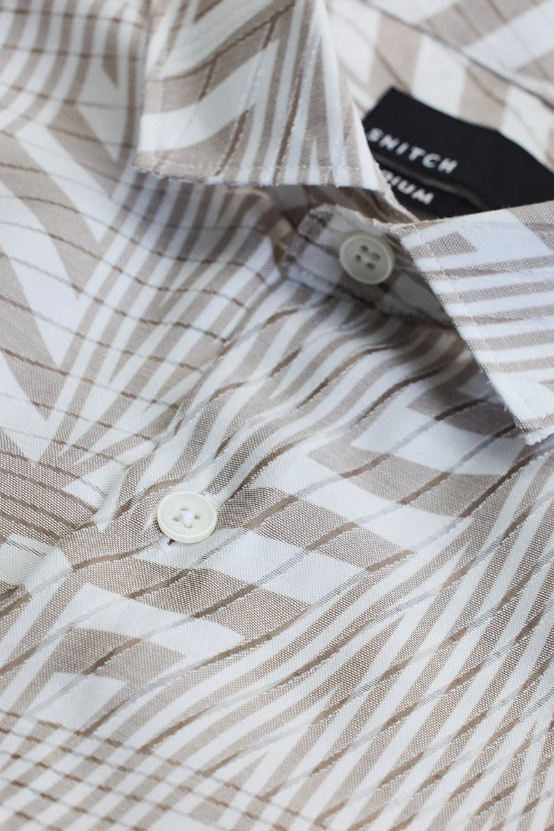 سنيتش Brown Abstract Long Sleeve Slim Fit Casual Shirt