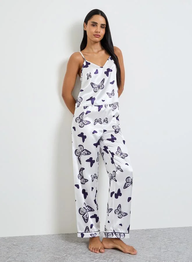 Take Two White Satin Butterfly Print Cami and Pyjama Set