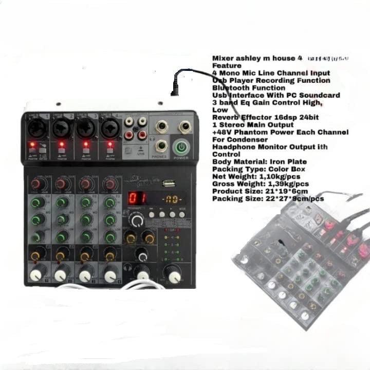 K-H HT4 Bluetooth Compatible Professional Portable Digital DJ Mixer Console w/USB 4 Channel Mixer Audio Interface-Mixing Boards For Studio Recording,Black (4-Channel) - Image 5