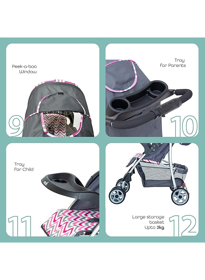 The Moon brand Trek Baby Stroller One Hand Fold Travel Gear Lock Dual Tray Leg Rest Multireclining Seat Baby Trolley For Newborn Infant & Toddler 0M+ (Up To 24 Kg) Pink Stripes - Image 4