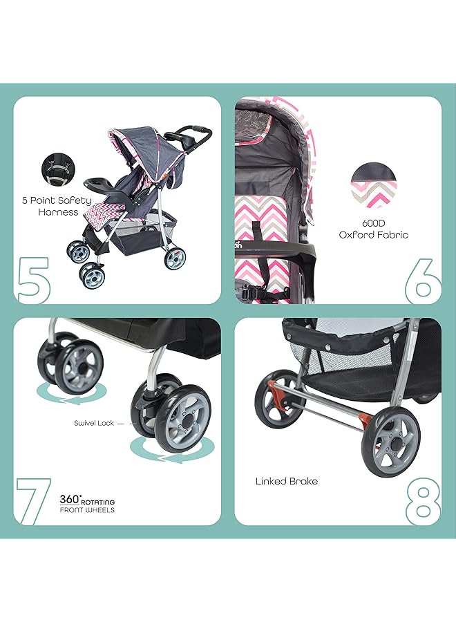 The Moon brand Trek Baby Stroller One Hand Fold Travel Gear Lock Dual Tray Leg Rest Multireclining Seat Baby Trolley For Newborn Infant & Toddler 0M+ (Up To 24 Kg) Pink Stripes - Image 3