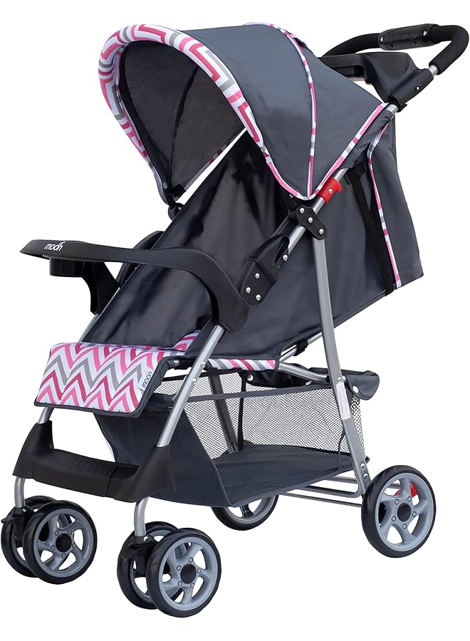 The Moon brand Trek Baby Stroller One Hand Fold Travel Gear Lock Dual Tray Leg Rest Multireclining Seat Baby Trolley For Newborn Infant & Toddler 0M+ (Up To 24 Kg) Pink Stripes - Image 1