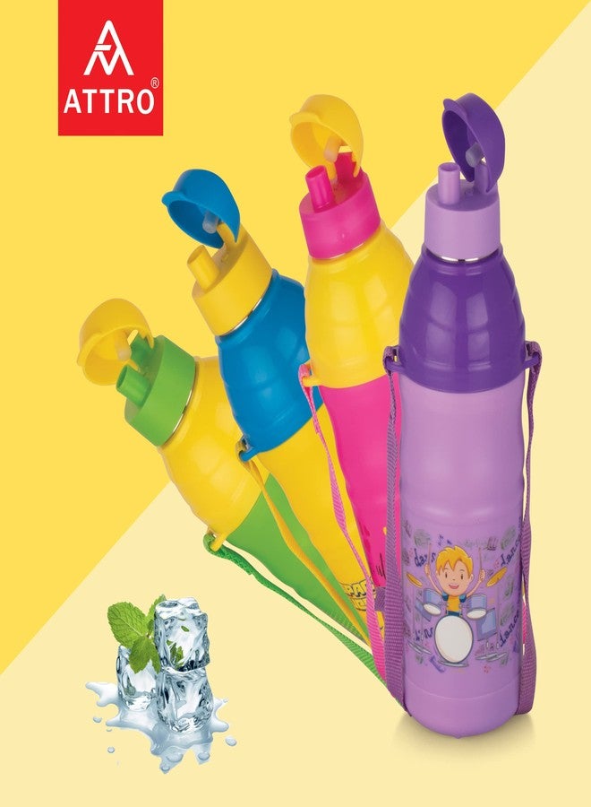 Attro Sky Kool-Sip 600 Inner Stainless Steel Insulated 490ml Water Bottle for Kids, Air Tight & Leak-Proof Lid, Easy to Cary Nylon Belt, BPA Free Plastic - Yellow - Image 2
