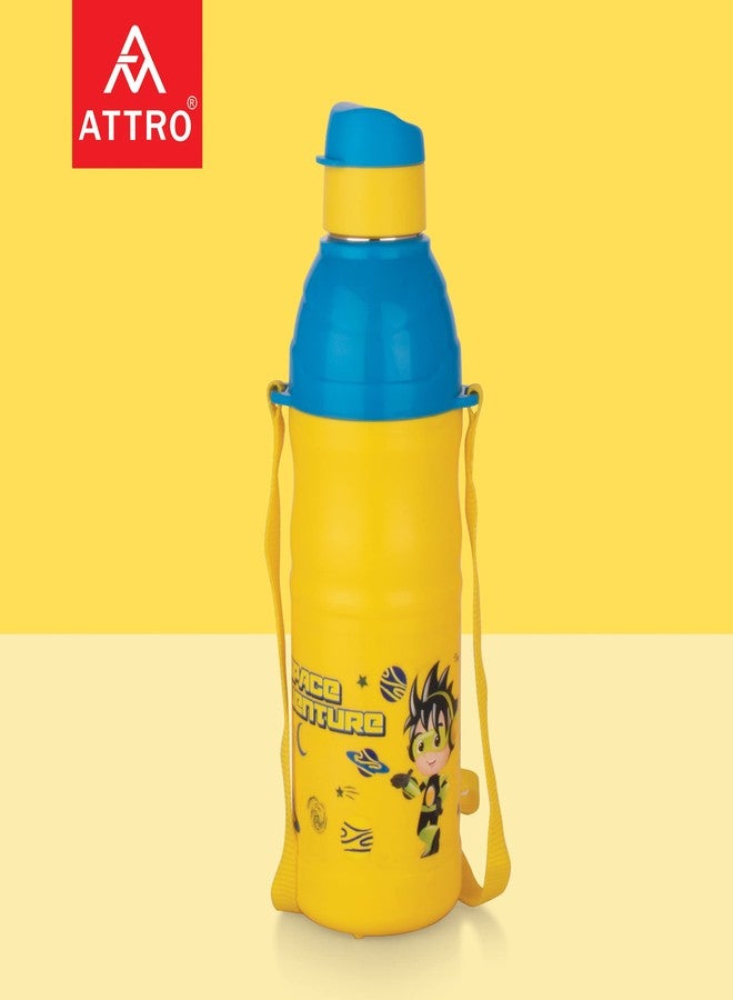 Attro Sky Kool-Sip 600 Inner Stainless Steel Insulated 490ml Water Bottle for Kids, Air Tight & Leak-Proof Lid, Easy to Cary Nylon Belt, BPA Free Plastic - Yellow - Image 3