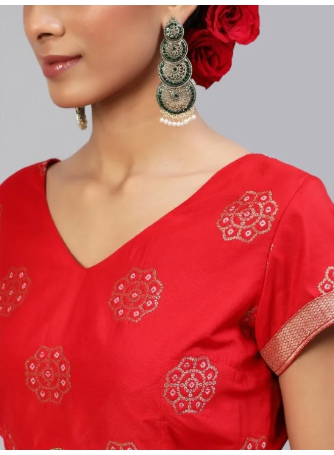 AKS Red & Green Bandhani Woven Design Lehenga Choli With Tie & Dye Dupatta