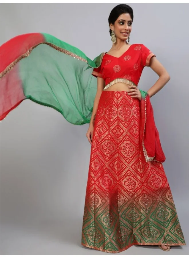 AKS Red & Green Bandhani Woven Design Lehenga Choli With Tie & Dye Dupatta