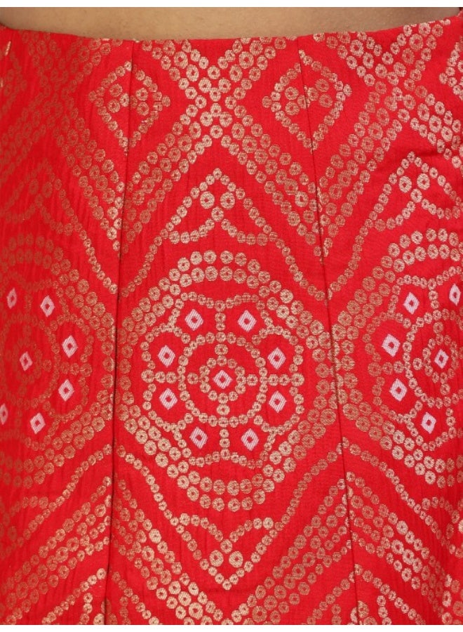 AKS Red & Green Bandhani Woven Design Lehenga Choli With Tie & Dye Dupatta - Image 3