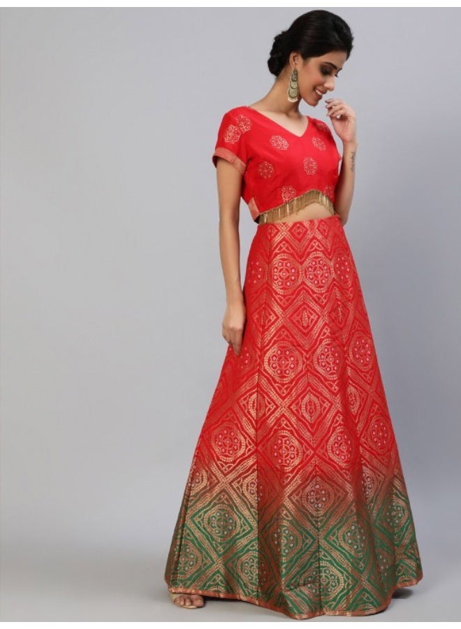 AKS Red & Green Bandhani Woven Design Lehenga Choli With Tie & Dye Dupatta - Image 4