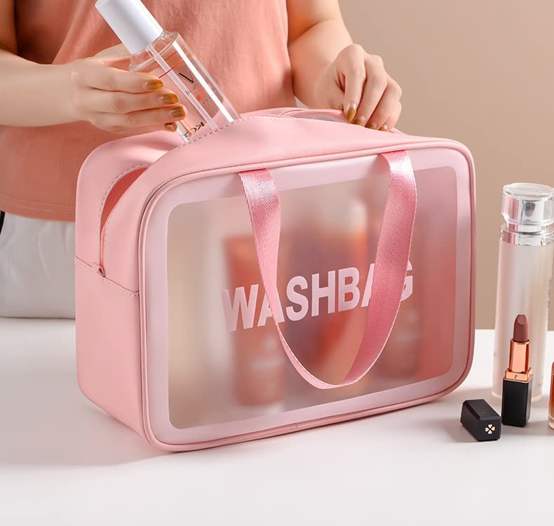 Trendegic Multipurpose Clear PVC Zipper Cosmetic Case Travel Wash Bag Toiletry Makeup Organizer Portable Carry Pouch for Women Girls Set of 3 Bag Pink - Image 4