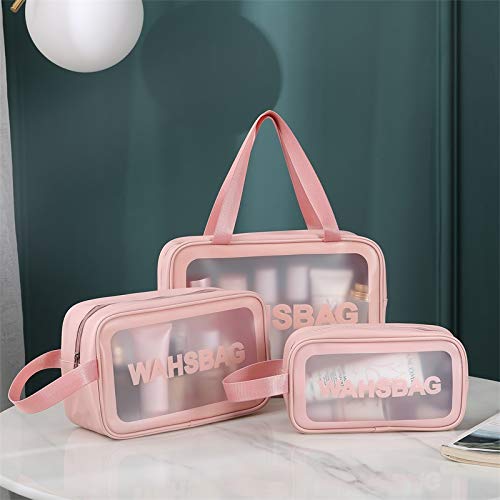 Trendegic Multipurpose Clear PVC Zipper Cosmetic Case Travel Wash Bag Toiletry Makeup Organizer Portable Carry Pouch for Women Girls Set of 3 Bag Pink - Image 2