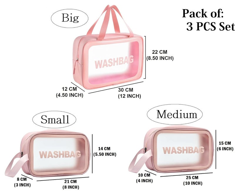 Trendegic Multipurpose Clear PVC Zipper Cosmetic Case Travel Wash Bag Toiletry Makeup Organizer Portable Carry Pouch for Women Girls Set of 3 Bag Pink - Image 5