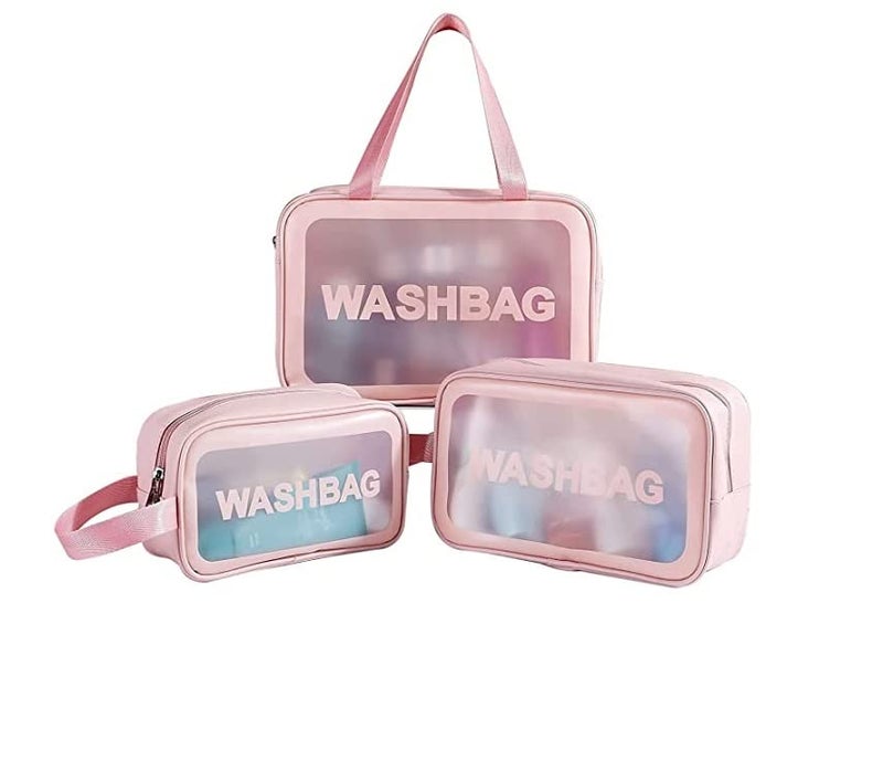 Trendegic Multipurpose Clear PVC Zipper Cosmetic Case Travel Wash Bag Toiletry Makeup Organizer Portable Carry Pouch for Women Girls Set of 3 Bag Pink - Image 1