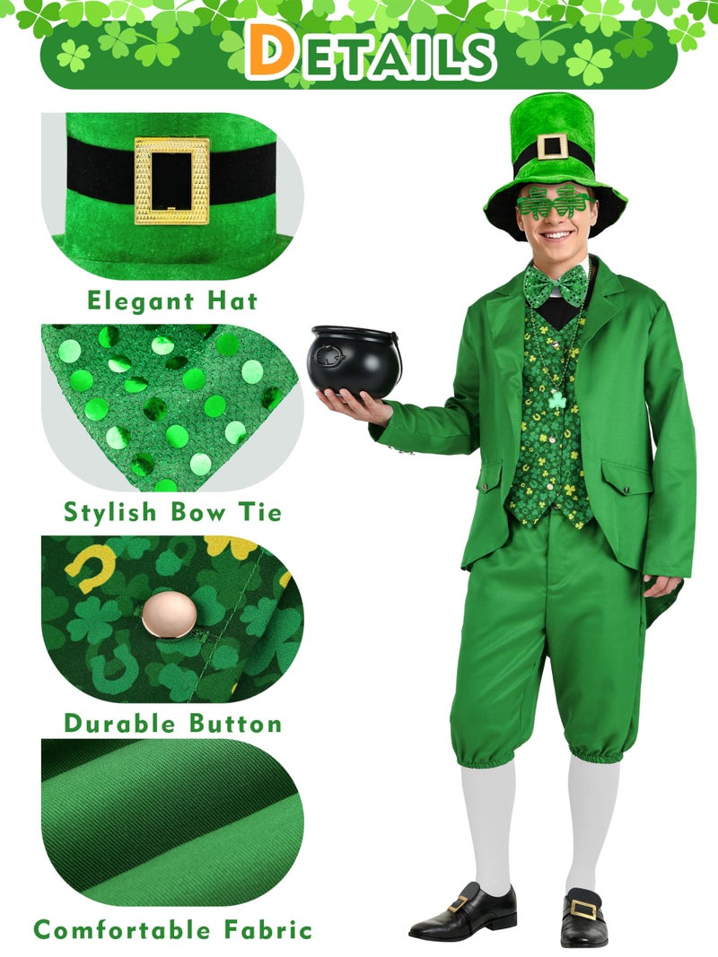 SOMSOC 10 Pieces Men's St Patrick's Day Costume with Shamrock Accessories Clover Glasses Top Hat for Adult Irish Party - Image 3