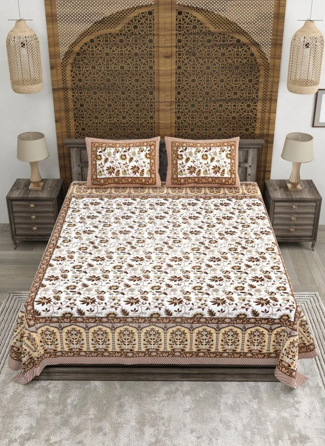 CLOTHOLOGY CLOTHOLOGY Brown & White Printed Pure Cotton 180 TC King Bedsheet Set