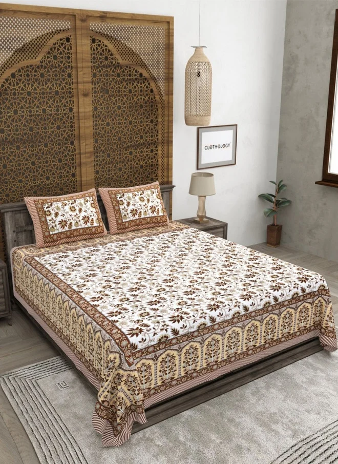 CLOTHOLOGY CLOTHOLOGY Brown & White Printed Pure Cotton 180 TC King Bedsheet Set