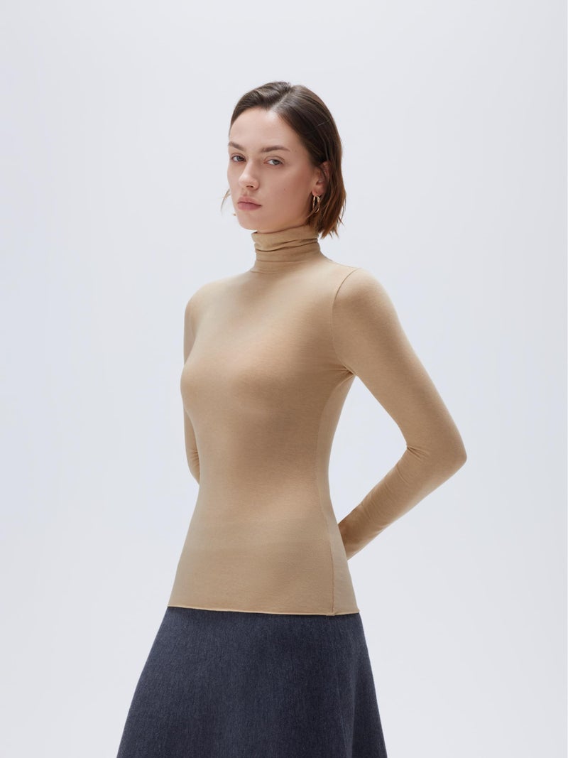 SUUKSESS Women Cashmere Turtleneck Long Sleeve Shirt Fitted Fall Basic Thermal Tops(Khaki, M) - Image 5