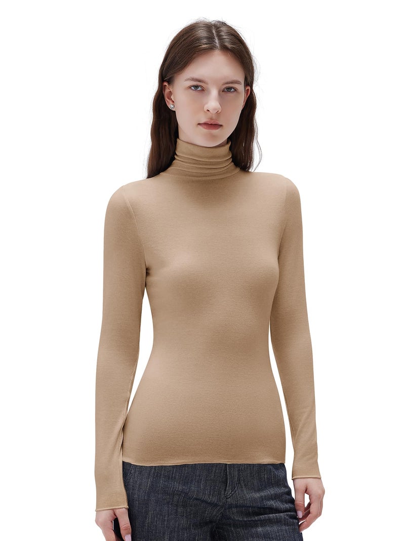 SUUKSESS Women Cashmere Turtleneck Long Sleeve Shirt Fitted Fall Basic Thermal Tops(Khaki, M) - Image 1