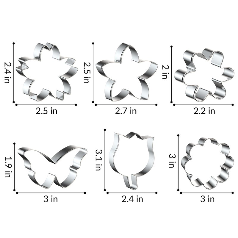 FUSOTO 6PCS Flower Cookie Cutter Set, 3 Inches Flower Shaped Cookie Cutter-Daisy, Tulip, 3 Shaped of Flowers, Butterfly, Stainless Steel Cookie Cutters, Baking Tool for Homemaking Cookie - Image 2