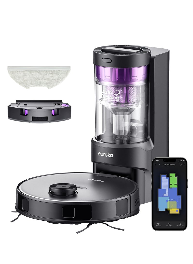 إيوريكا EUREKA مكنسة كهربائية روبوتية وممسحة بوظيفة 2-1، ممسحة ذاتية التفريغ بدون كيس، ممسحة رفع تلقائي، وقت تشغيل يصل إلى 180 دقيقة، تحكم بالتطبيق، 4000 باسكال لشعر الحيوانات الأليفة والسجاد والأرضيات الصلبة - Image 1