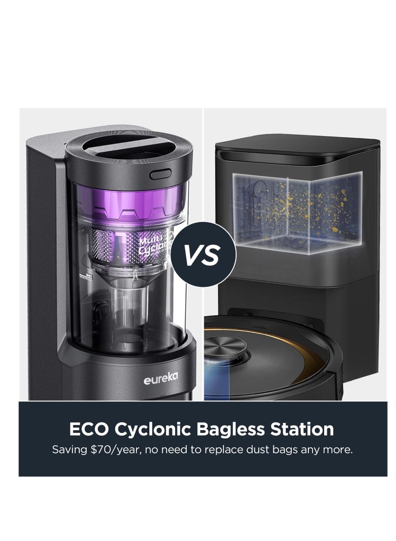 إيوريكا EUREKA مكنسة كهربائية روبوتية وممسحة بوظيفة 2-1، ممسحة ذاتية التفريغ بدون كيس، ممسحة رفع تلقائي، وقت تشغيل يصل إلى 180 دقيقة، تحكم بالتطبيق، 4000 باسكال لشعر الحيوانات الأليفة والسجاد والأرضيات الصلبة - Image 2