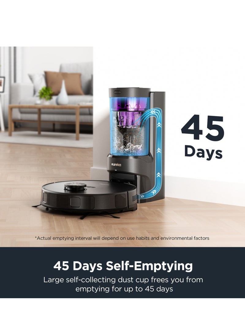إيوريكا EUREKA مكنسة كهربائية روبوتية وممسحة بوظيفة 2-1، ممسحة ذاتية التفريغ بدون كيس، ممسحة رفع تلقائي، وقت تشغيل يصل إلى 180 دقيقة، تحكم بالتطبيق، 4000 باسكال لشعر الحيوانات الأليفة والسجاد والأرضيات الصلبة - Image 3