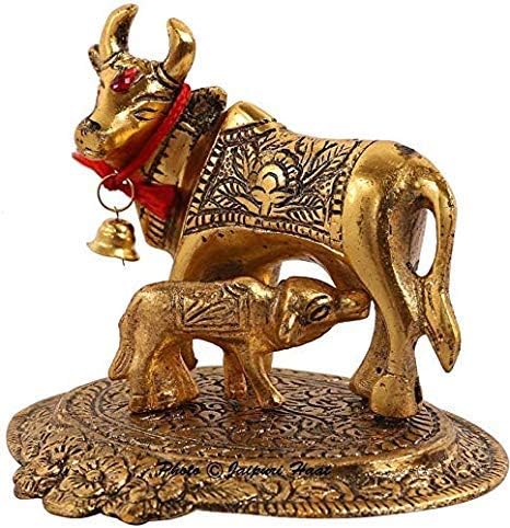 Yoshiva Kamdhenu Aluminium Cow Calf Statue with Vastu Decorative Showpiece Figurine for Housewarming Home Decor