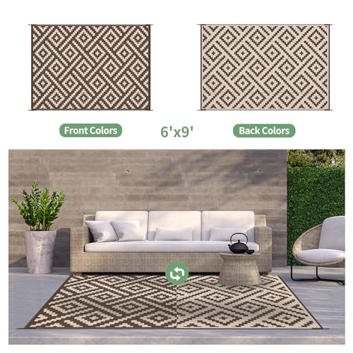 GENIMO Outdoor Rug for Patio Clearance, 6'x9' Waterproof Camping Mat, Reversible Plastic Straw Rugs for RV, Camper, Balcony, Backyard, Picnic, Deck (Coffee & Beige) - Image 3