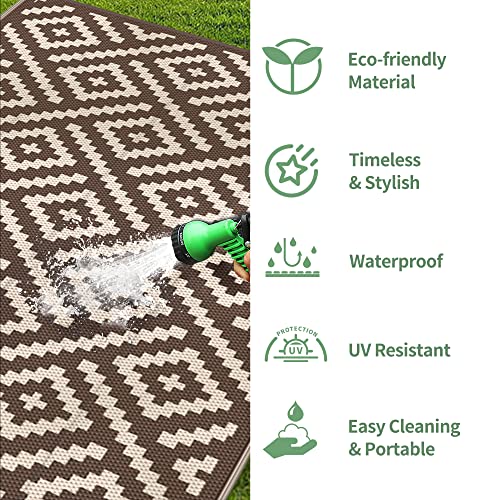 GENIMO Outdoor Rug for Patio Clearance, 6'x9' Waterproof Camping Mat, Reversible Plastic Straw Rugs for RV, Camper, Balcony, Backyard, Picnic, Deck (Coffee & Beige) - Image 5