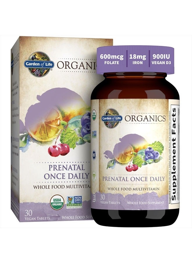 Garden of Life فيتامينات ما قبل الولادة العضوية: حمض الفوليك للطاقة وتطوير الجنين الصحي، حديد غير مسبب للإمساك، فيتامين C، B6، B12، D3 – عضوي، غير معدل وراثيًا، خالي من الغلوتين، نباتي، إمداد لمدة 30 يومًا - Image 1