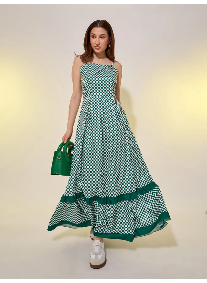 تايك تو Take Two Checkered Strappy Pleated A-Line Maxi Dress