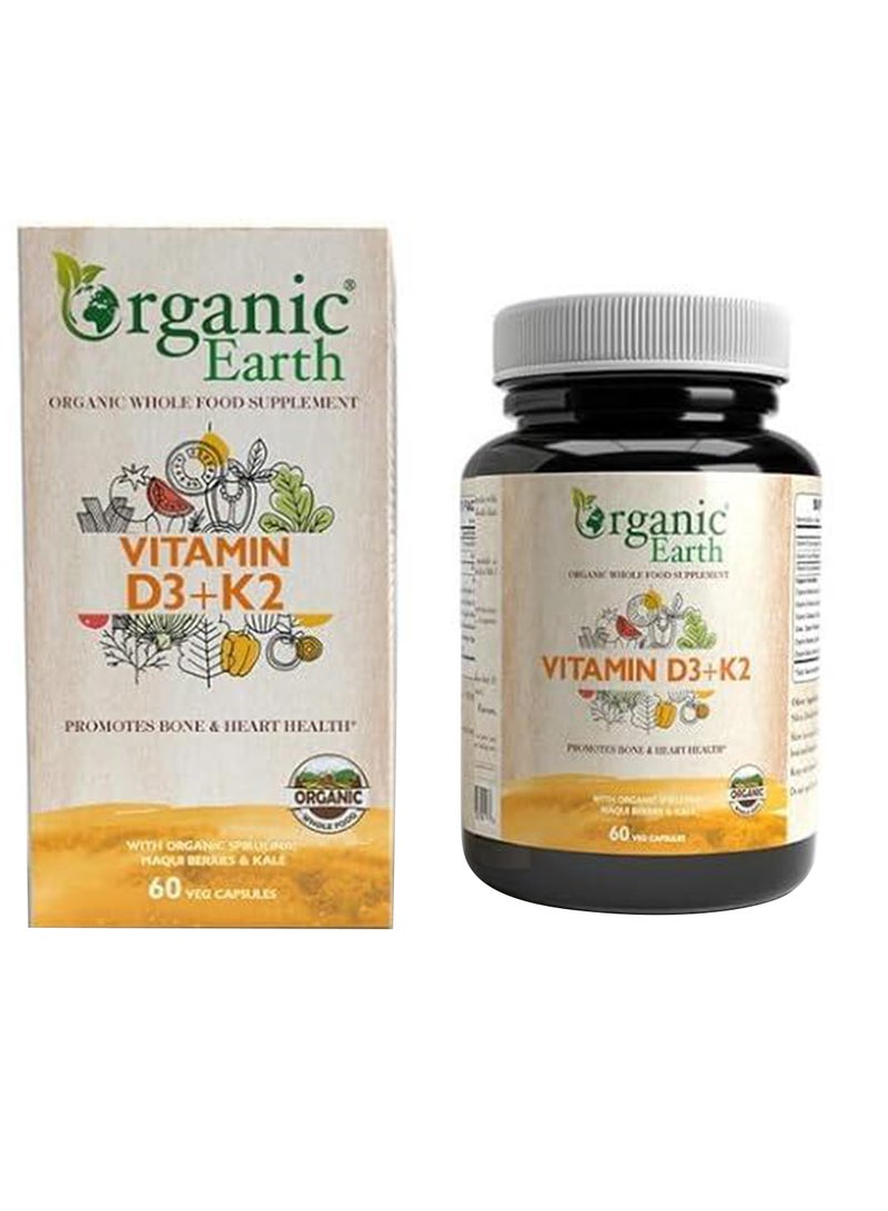 Organic Earth Vitamin D3+K2 with Organic Spirulina, Maqui Berries & Kale 60 Capsules