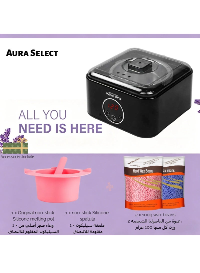 Aura Select Hair Removal Epilator Waxing System– 500ml PTC Fast Heating Wax Heater Machine with Adjustable Temperature, Includes  Silicone Pot & Silicone Spatula, 2×100g Wax Beans, Home Professional Wax Heater (Black) - Image 1