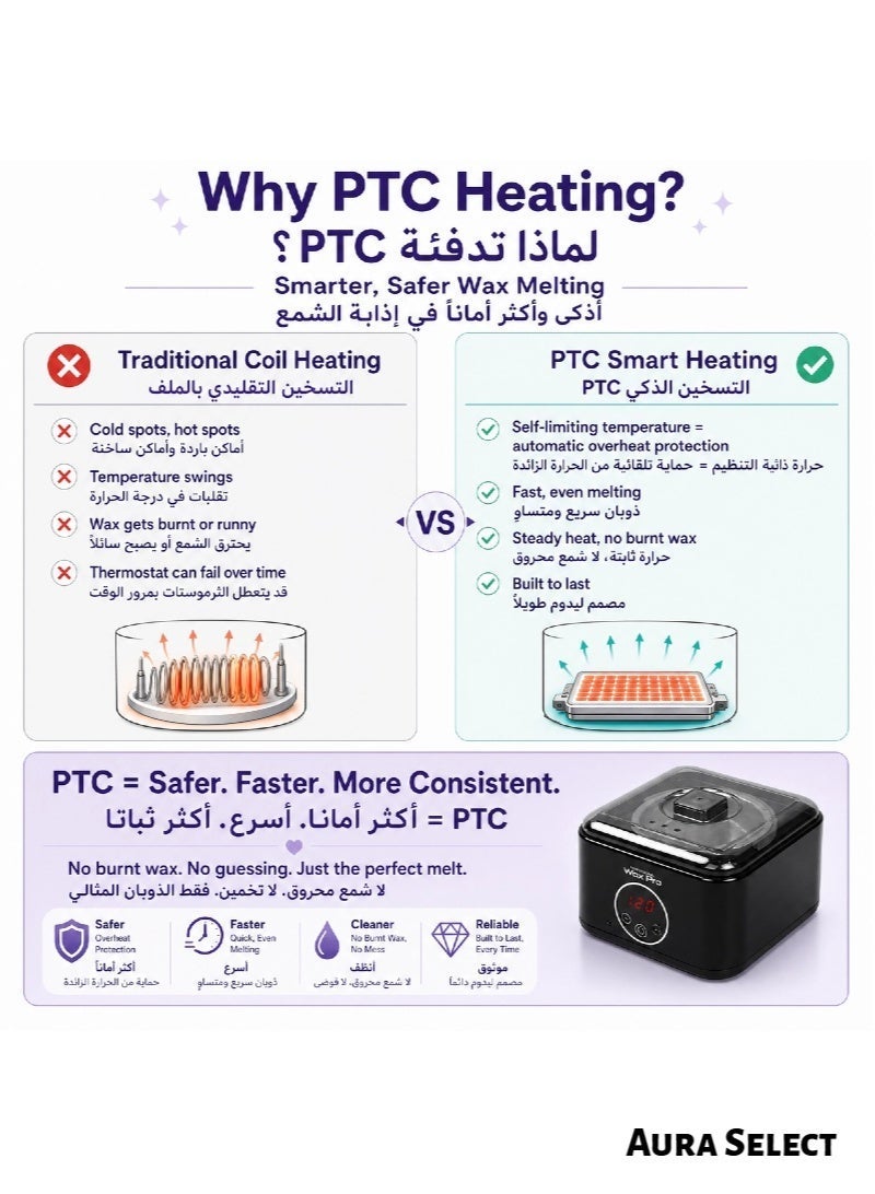  أورا سيليكت جهاز إزالة الشعر بالشمع – جهاز تسخين الشمع PTC سريع التسخين سعة 500 مل مع إمكانية ضبط درجة الحرارة، يشمل وعاءً وملعقة من السيليكون، وعبوتين من حبيبات الشمع سعة 100 غرام لكل منهما، جهاز تسخين الشمع الاحترافي للاستخدام المنزلي (أسود) - Image 5