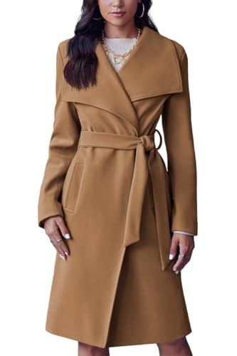 Cicy Bell Women's Pea Trench Coat Lapel Collar Long Jacket Open Front Belted Overcoat with Pockets - Image 3