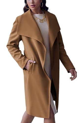 Cicy Bell Women's Pea Trench Coat Lapel Collar Long Jacket Open Front Belted Overcoat with Pockets - Image 2