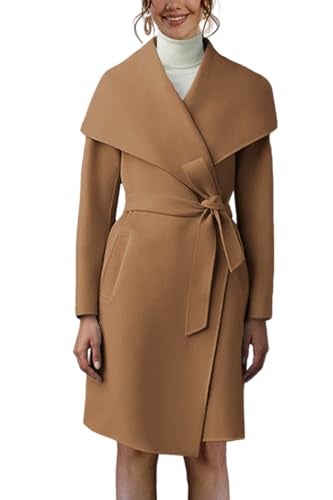 Cicy Bell Women's Pea Trench Coat Lapel Collar Long Jacket Open Front Belted Overcoat with Pockets - Image 1