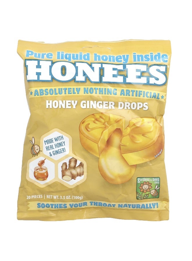 Honees هونيز، قطرات العسل والزنجبيل، 20 قطعة، 3.5 أونصة (100 جرام) - Image 1