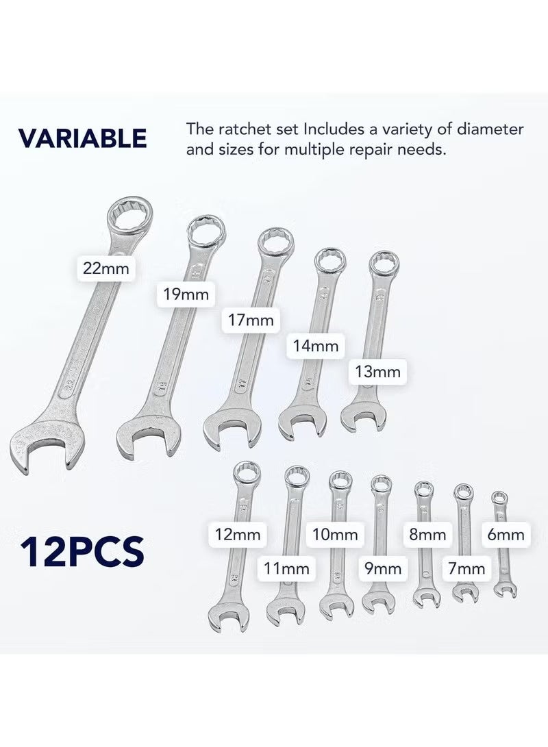 NYVIO 12 PCS Combination Wrench Set, Chrome Vanadium Steel Spanner Set with Open-End & Box-End Design, Heat Treated Chrome Plated Wrenches, 6–22mm Sizes for Home, Garage & Workshop - Image 3