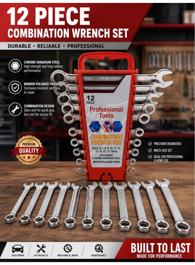 NYVIO 12 PCS Combination Wrench Set, Chrome Vanadium Steel Spanner Set with Open-End & Box-End Design, Heat Treated Chrome Plated Wrenches, 6–22mm Sizes for Home, Garage & Workshop - Image 4