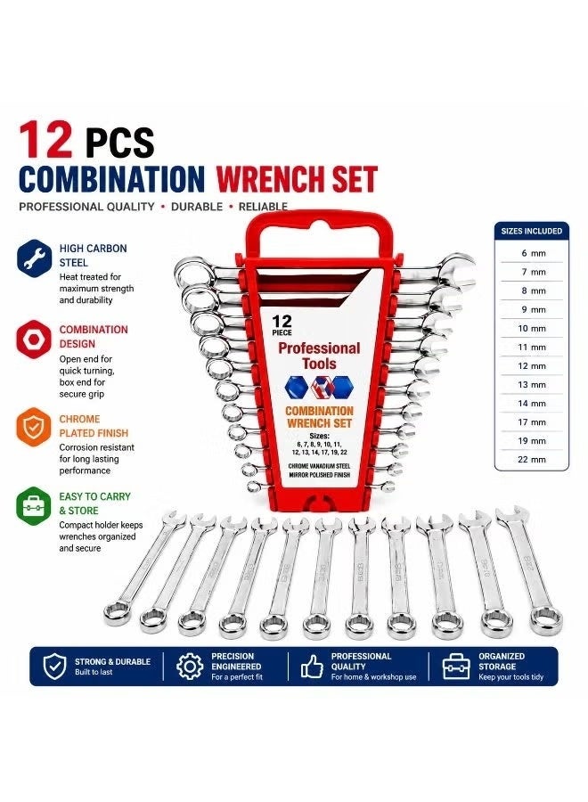 NYVIO 12 PCS Combination Wrench Set, Chrome Vanadium Steel Spanner Set with Open-End & Box-End Design, Heat Treated Chrome Plated Wrenches, 6–22mm Sizes for Home, Garage & Workshop - Image 1