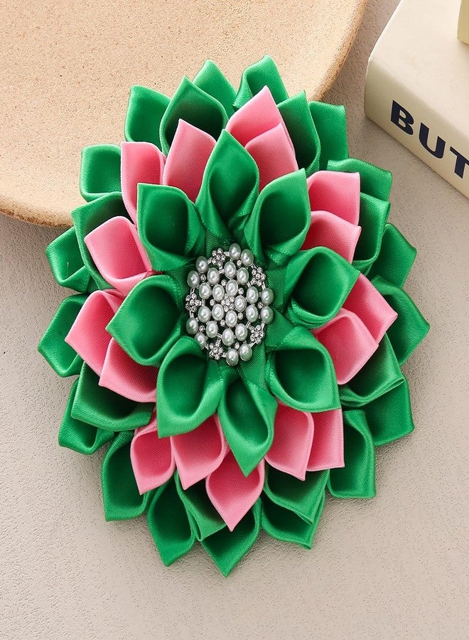 HUSURU Multi-layered Pink Green Fabric Ribbon Corsage Flower Brooch Pin Club Sorority Jewelry Community Members Gifts - Image 5