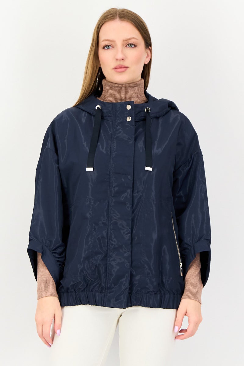 GEOX Women Solid Hooded Jacket, Dark Navy - Image 1