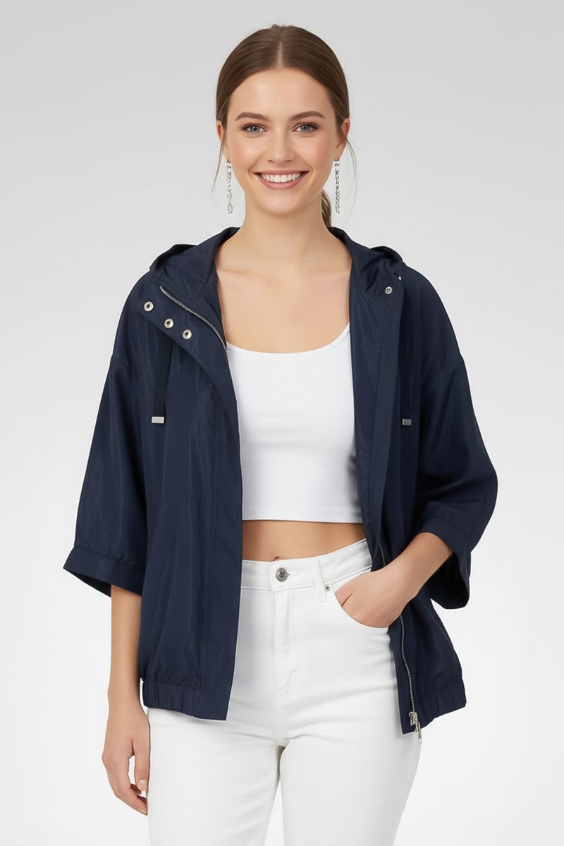 GEOX Women Solid Hooded Jacket, Dark Navy - Image 1