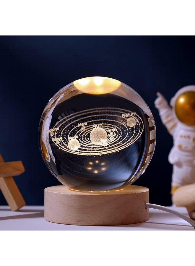 FLYNGO FLYNGO 3D Solar System Crystal Ball Night Lamp, Creative Engraved Night Light for Kids Room, USB Table LED Lamp with Woodern Base, Light for Home Office Decoration Birthday Gift (Solar System)  - Image 1