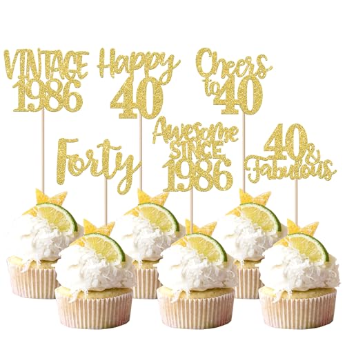 Rsstarxi 24 Pack Gold Happy 40th Birthday Cupcake Toppers Forty 40 Fabulous Vintage 1986 Cupcake Picks for Awesome Since 1986 Cheers to 40th Birthday Wedding Anniversary Party Cake Decorations - Image 1