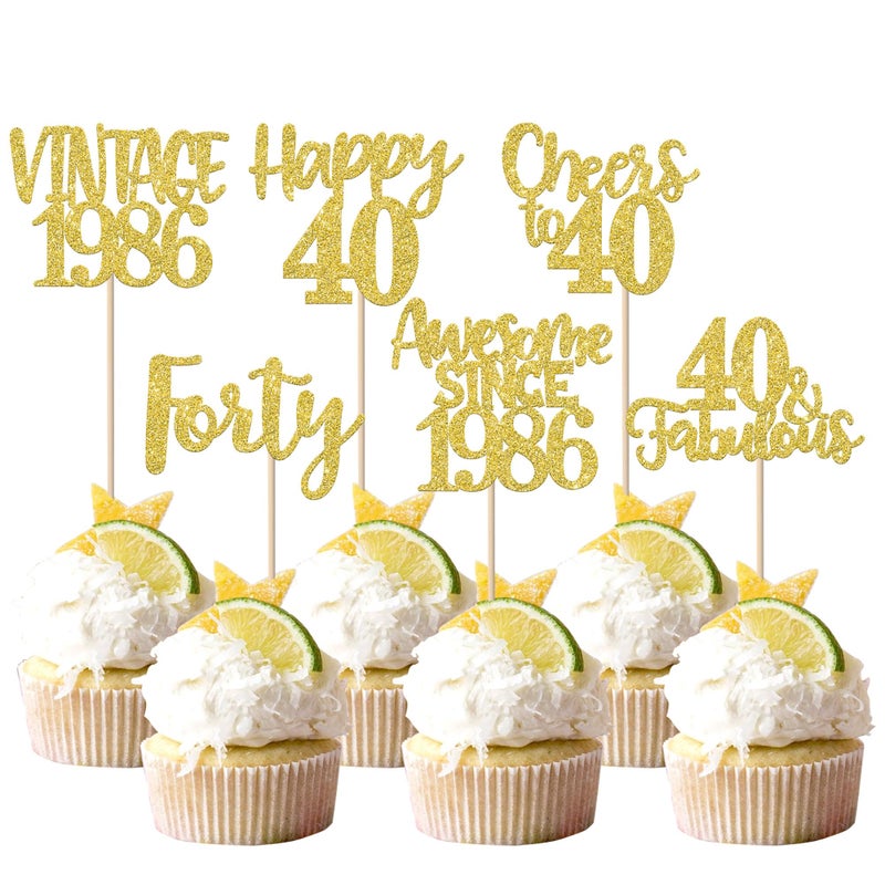 Rsstarxi 24 Pack Gold Happy 40th Birthday Cupcake Toppers Forty 40 Fabulous Vintage 1986 Cupcake Picks for Awesome Since 1986 Cheers to 40th Birthday Wedding Anniversary Party Cake Decorations - Image 2