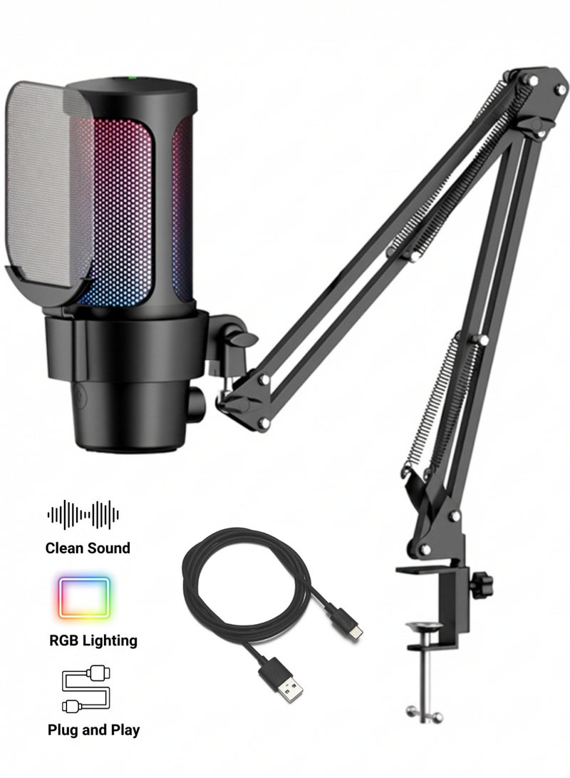 ميكروفون ألعاب يو إس بي (USB) للكمبيوتر، ميكروفون مكثف (Condenser) مع ذراع حامل، فلاتر صوت، وزر كتم الصوت، إضاءة RGB، ميكروفون يو إس بي للبث المباشر، متوافق مع بلاي ستيشن 4 و5، مثالي لليوتيوبرز - Image 1