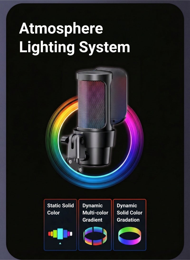ميكروفون ألعاب يو إس بي (USB) للكمبيوتر، ميكروفون مكثف (Condenser) مع ذراع حامل، فلاتر صوت، وزر كتم الصوت، إضاءة RGB، ميكروفون يو إس بي للبث المباشر، متوافق مع بلاي ستيشن 4 و5، مثالي لليوتيوبرز - Image 2