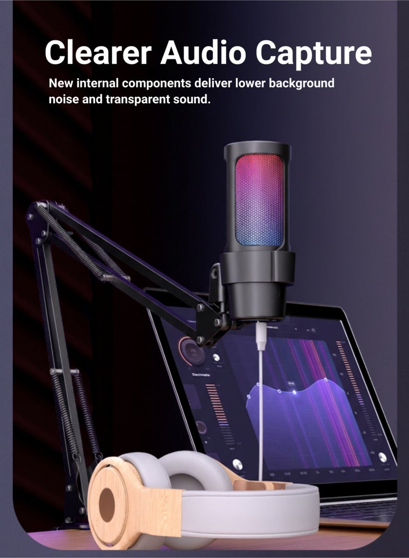 ميكروفون ألعاب يو إس بي (USB) للكمبيوتر، ميكروفون مكثف (Condenser) مع ذراع حامل، فلاتر صوت، وزر كتم الصوت، إضاءة RGB، ميكروفون يو إس بي للبث المباشر، متوافق مع بلاي ستيشن 4 و5، مثالي لليوتيوبرز - Image 4